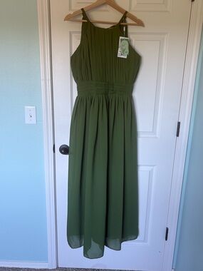 Pleated Olive Green Maxi Dress with Spaghetti Straps